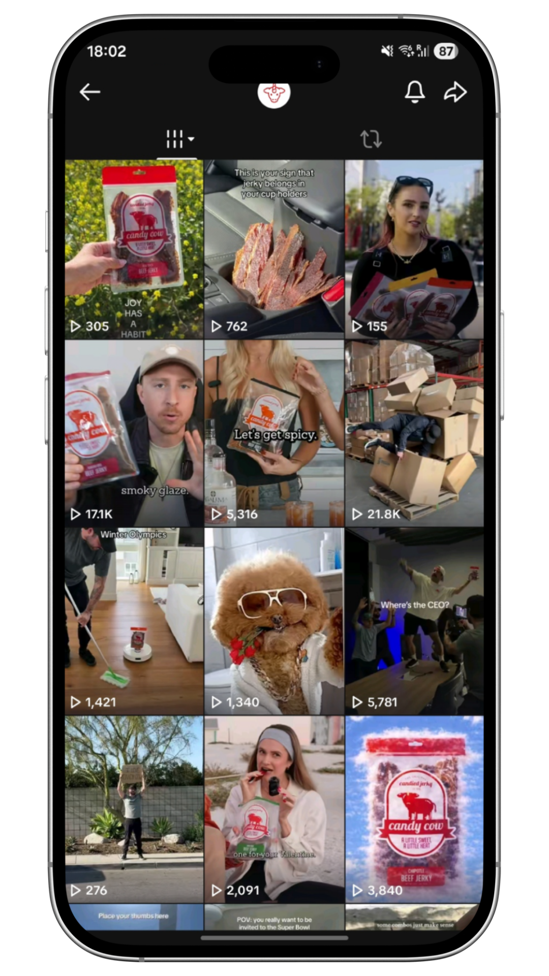 Candy Cow TikTok content grid